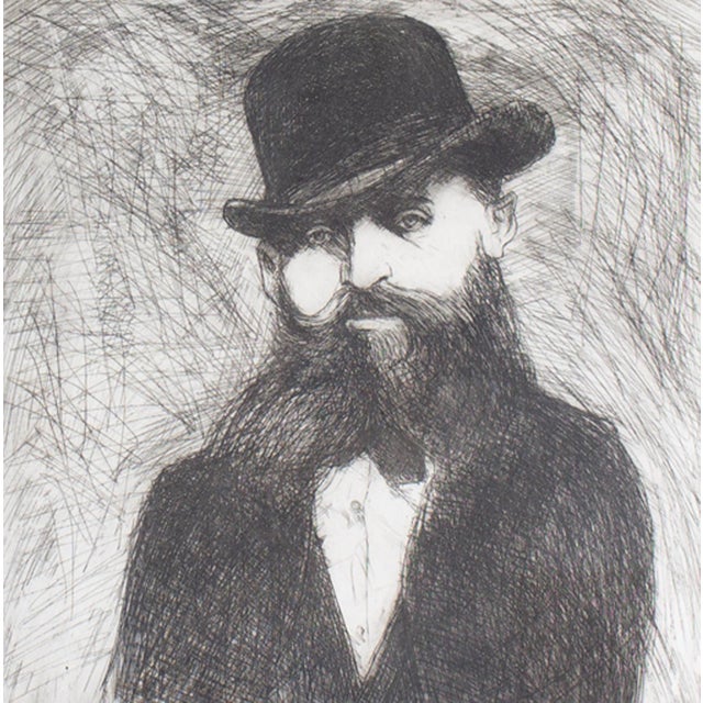 A portrait etching by the American artist James L. Bruch (1942-2023). Unsigned, this print depicts a male figure with long...