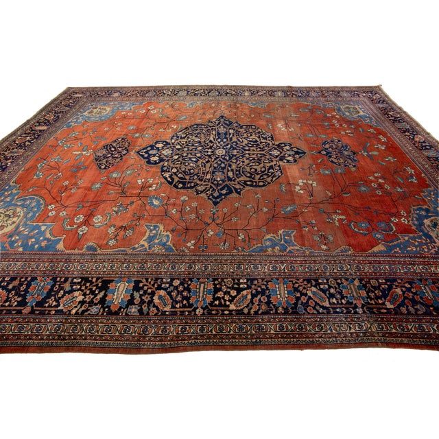 1880s Antique Persian Farahan Wool Rug Handmade in Rust With Medallion Design For Sale - Image 10 of 11