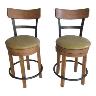 1970s Vintage Metal Wood Brown Leather Seat Swivel Counter Stools- Set of 2 For Sale
