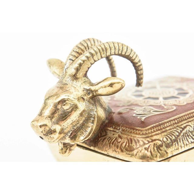 Metal Vintage Brass Rams Head Hinged Small Box With Enamel Design For Sale - Image 7 of 12
