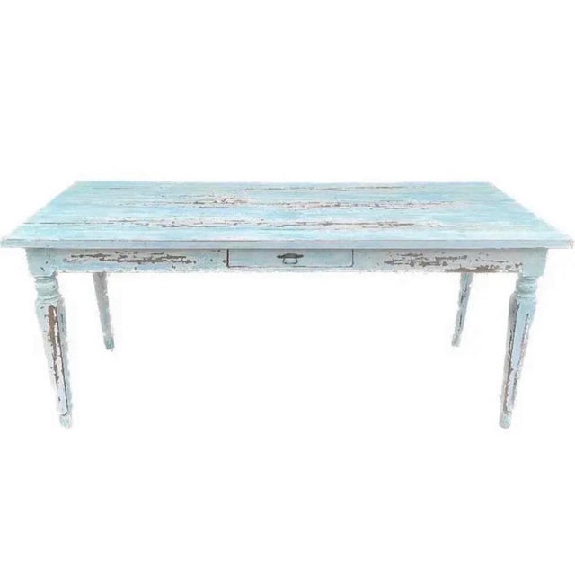 Hollywood Regency Vintage Coastal Turquoise Rustic Farm Table For Sale - Image 4 of 9