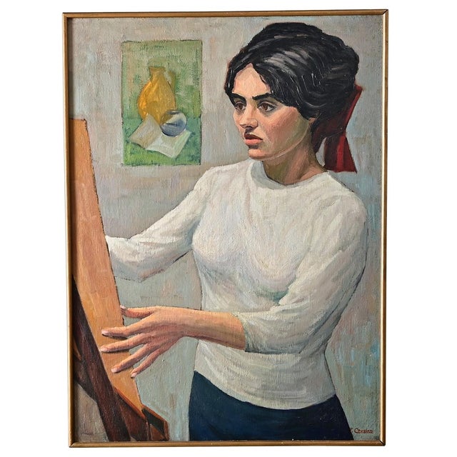 French Vintage Portrait Painting Signed Cruciani For Sale - Image 9 of 9