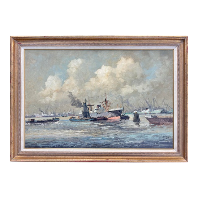Midcentury Harbor Seascape Oil on Canvas, Framed For Sale