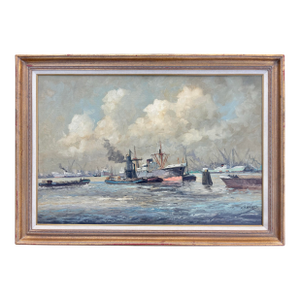 Midcentury Harbor Seascape Oil on Canvas, Framed