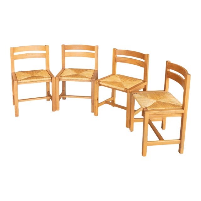 French Wood and Woven Chairs by Maison Regain, Set of 4 For Sale