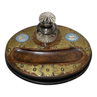 Antique 19th Century Wood Bronze Porcelain Glass Jasperware Inkwell Stand Jar For Sale