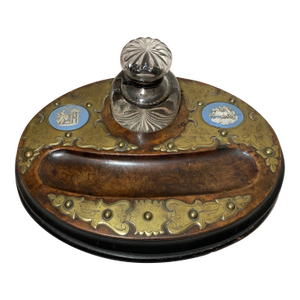 Antique 19th Century Wood Bronze Porcelain Glass Jasperware Inkwell Stand Jar