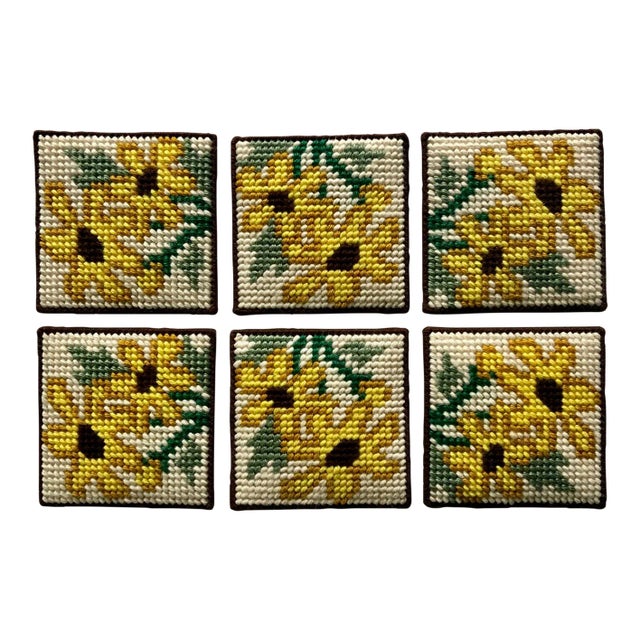 Mid 20th Century Sunflower Black Eyed Susan Needlepoint Coasters- Set of 6 For Sale