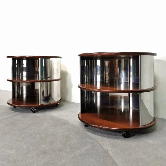 Vintage Round Bedside Tables in Walnut and Steel, 1970s, Set of 2, in Flawless conditions. Designed 1970 to 1979