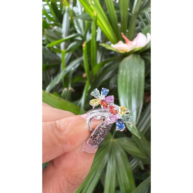 Set in 18k White Gold, Ceylon Multi Sapphires & Diamonds Engagement Ring, Us Size 6.5 For Sale - Image 10 of 11