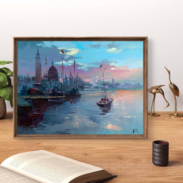 The painting "Romantic Sailing" presents a tranquil and enchanting harbor scene at twilight, where the fading light of the...