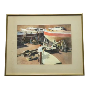 Late 20th Century Industrial Boat Marina Scene “Dry Dock" by S Revelle Hamilton