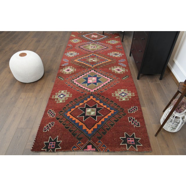 Vintage Turkish Hand-Knotted vintage rug is a semi-antique vintage runner rug.'70s Eastern region of Turkey's unique rug...