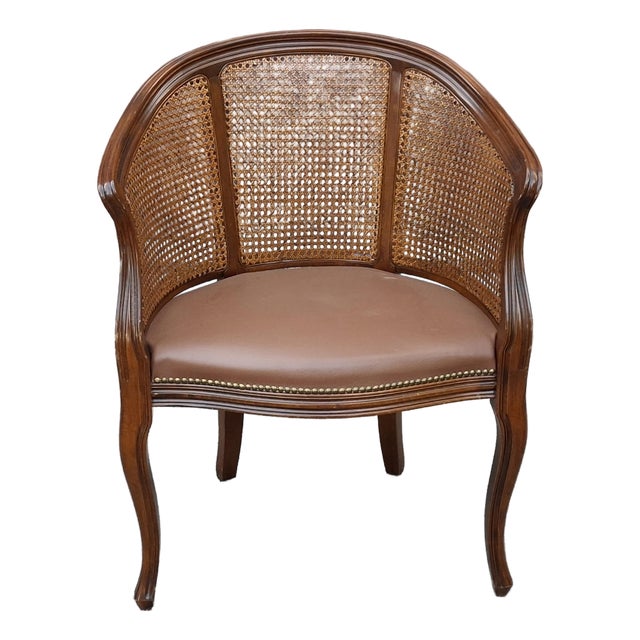 Late 20th Century Baker Provincial Style Caned Back Mahogany and Leather Upholstered Armchair For Sale