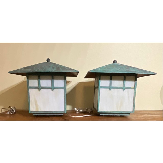 1970s Stunning Pair of Artisan Copper & Slag Glass Mission/Arts & Crafts Table Lamps For Sale - Image 5 of 18