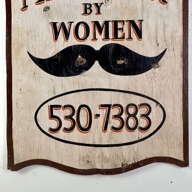 Brown Vintage Double Sided Wooden Sign Advertising "Mens Hair by Women" With Mustache Illustration For Sale - Image 8 of 9
