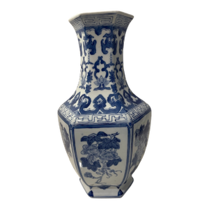Blue & White Floral and Leaf Tall Hexagonal Flower Vase, Chinese