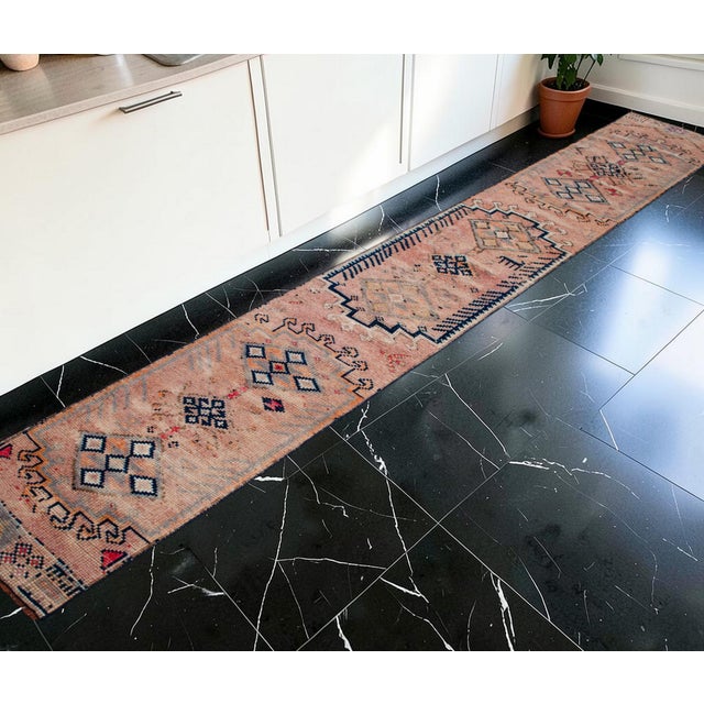 Mid-Century Modern 1960s Runner Turkish Hand-Knotted Rug Peach Hallway Decor Kitchen Floor Accent 2x13 Ft Approx For Sale - Image 3 of 15