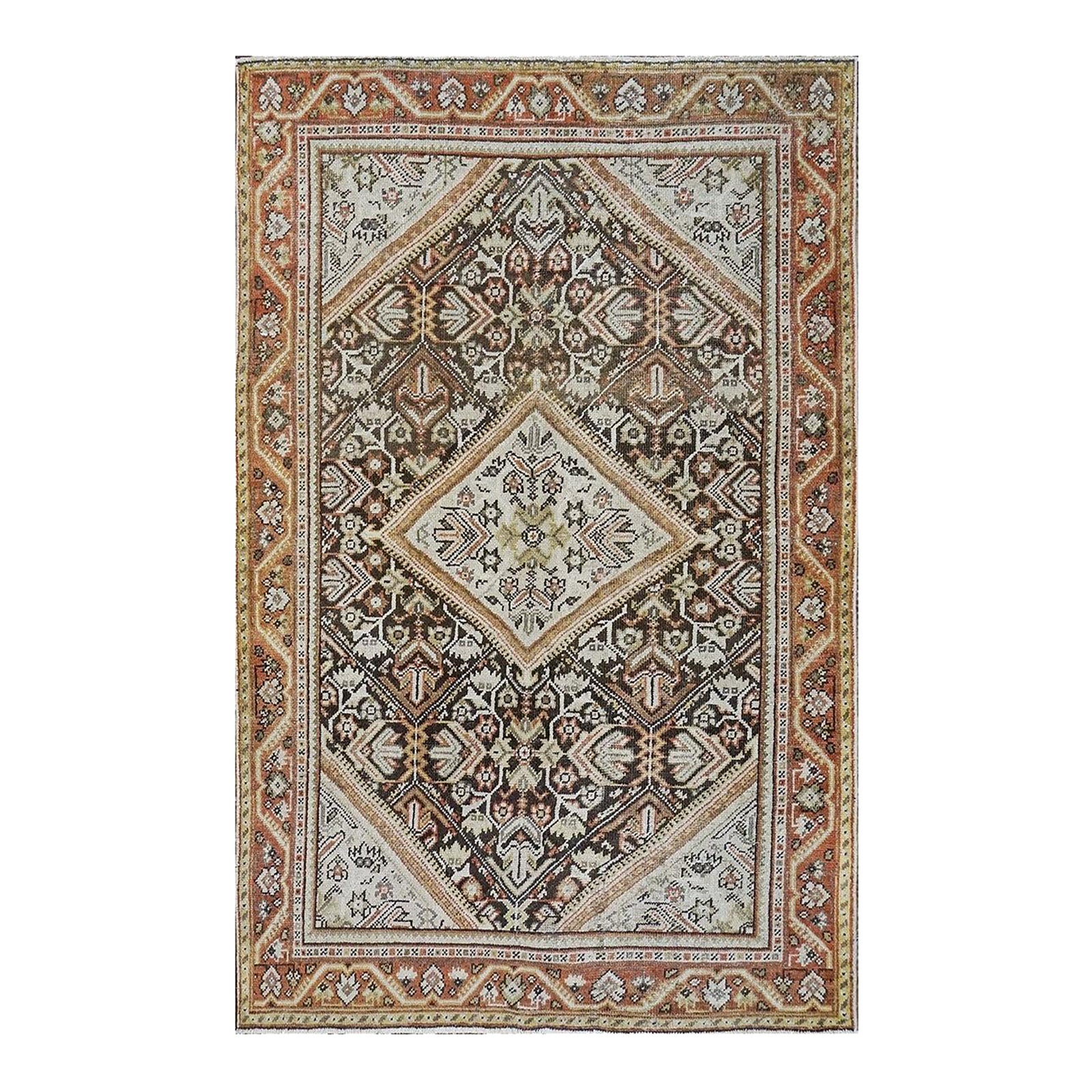 Antique Persian Sultanabad Wool Ivory & Rust Handmade Area Rug | Chairish
