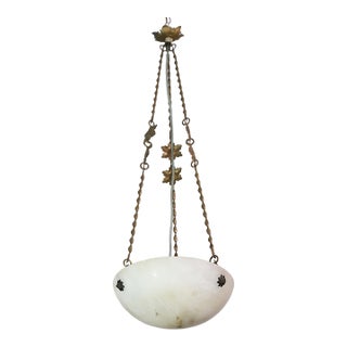 1950s French Art Deco White Alabaster Pendant Light With Dark Veining For Sale
