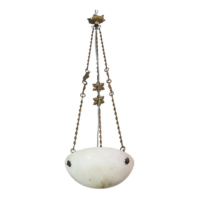 1950s French Art Deco White Alabaster Pendant Light With Dark Veining For Sale