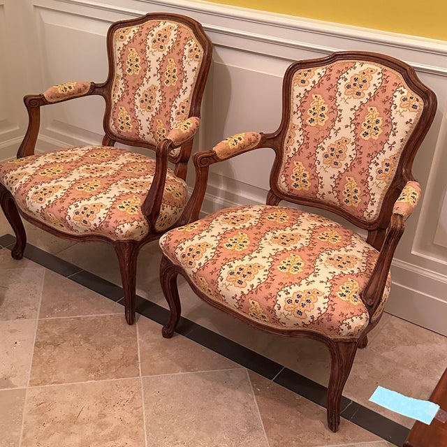 Rose Pair 1800s Fauteuils With English Upholstery For Sale - Image 8 of 11