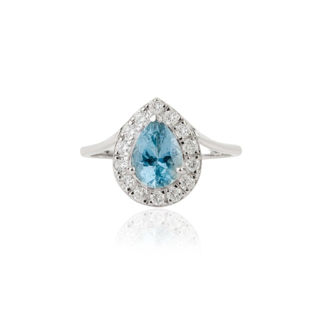 VR Jewels Art Deco 14k White Gold 1 Ct Aquamarine and Diamond Halo Cocktail Ring Size 4 For Sale - Image 4 of 16