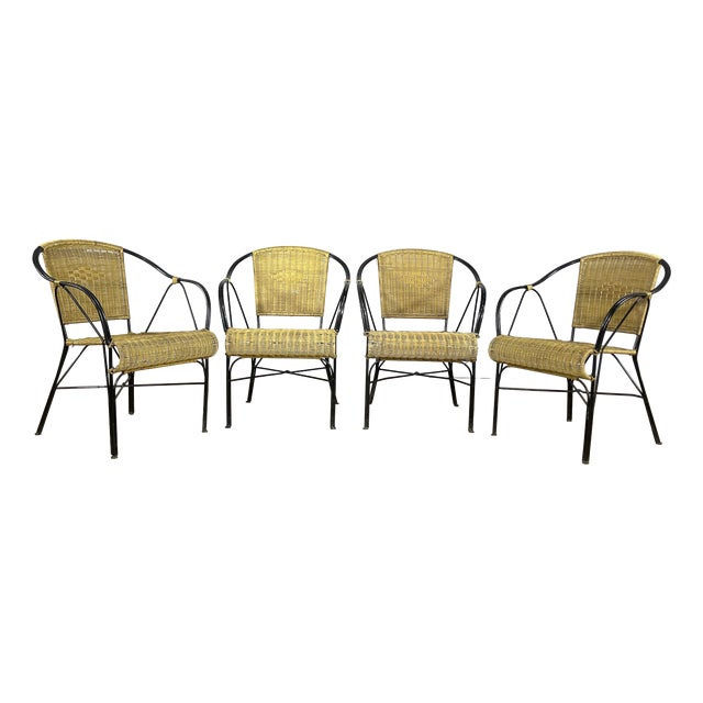 Garden Chairs in Wrought Iron and Woven Wicker, 1970s, Set of 4 For Sale
