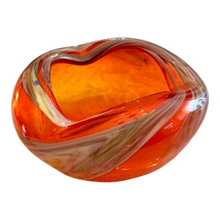 Orange Art Glass Ashtray Hurricane Eye Design Bowl Swirling Ground Pontil MCM For Sale
