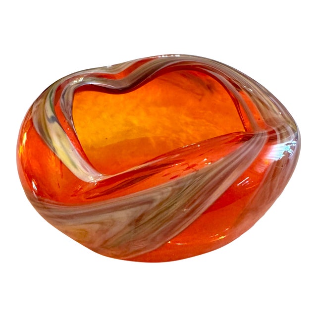 Orange Art Glass Ashtray Hurricane Eye Design Bowl Swirling Ground Pontil MCM For Sale