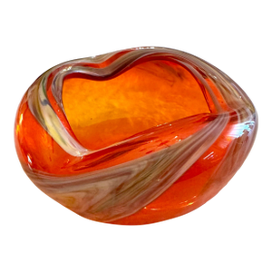 Orange Art Glass Ashtray Hurricane Eye Design Bowl Swirling Ground Pontil MCM
