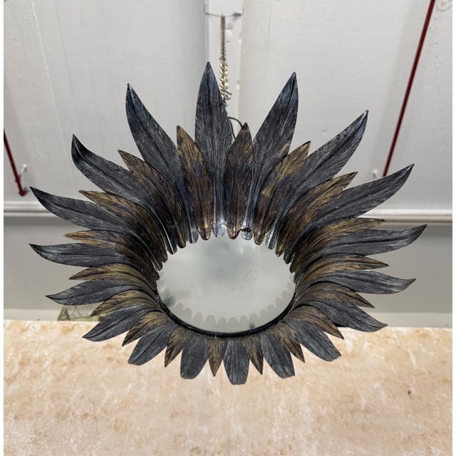 Spanish 1950s Sunburst Leaf Ceiling Fixture With Frosted Glass For Sale - Image 4 of 14