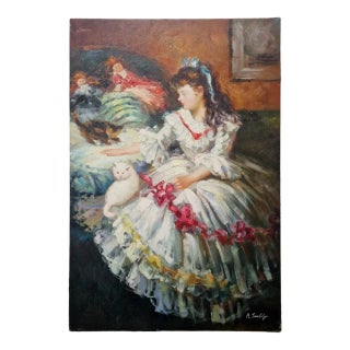 Mid-20th Century Signed Anael Tamblyn - Young Girl With Cat, Oil on Canvas For Sale