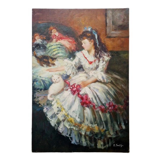 Mid-20th Century Signed Anael Tamblyn - Young Girl With Cat, Oil on Canvas For Sale