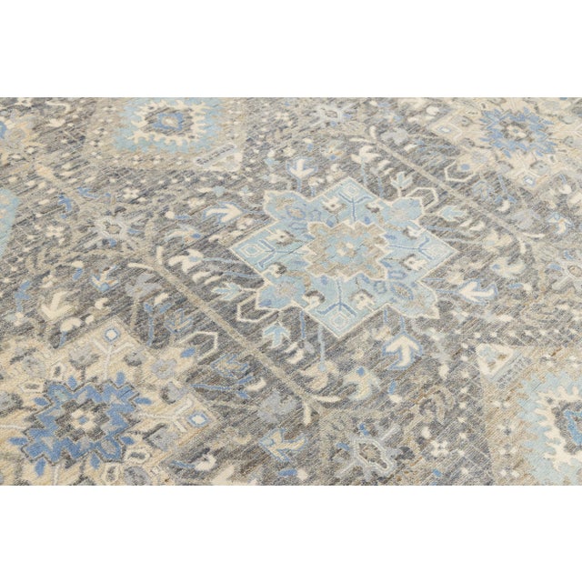 Modern Tabriz Style Wool & Silk Area Rug – Slate Grey & Sky Blue Geometric 10x14 For Sale - Image 4 of 11