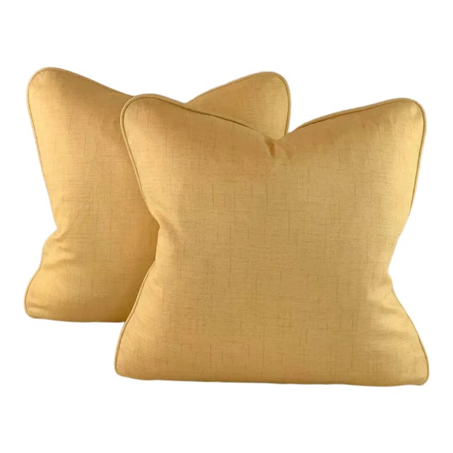 Contemporary Designer P Kaufmann Waverly Gold Solid Faux Linen Texture Pillow Covers- a Pair For Sale