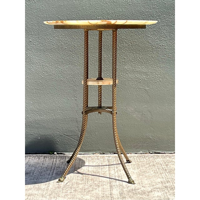 Beige Vintage Greek Key Brass and Onyx Accent Table For Sale - Image 8 of 12