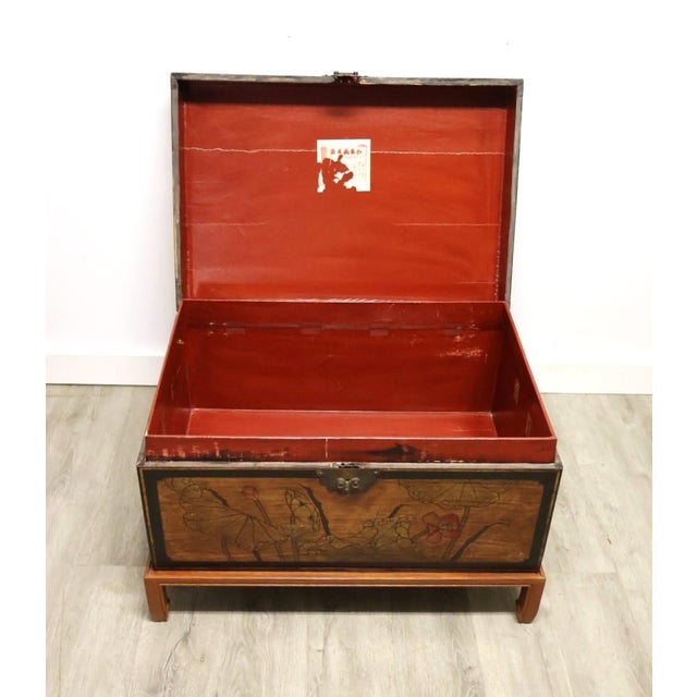 Bronze Early 20th Century Chinese Yangjiang Lacquered Leather Trunk Chest With Calligraphy For Sale - Image 8 of 15