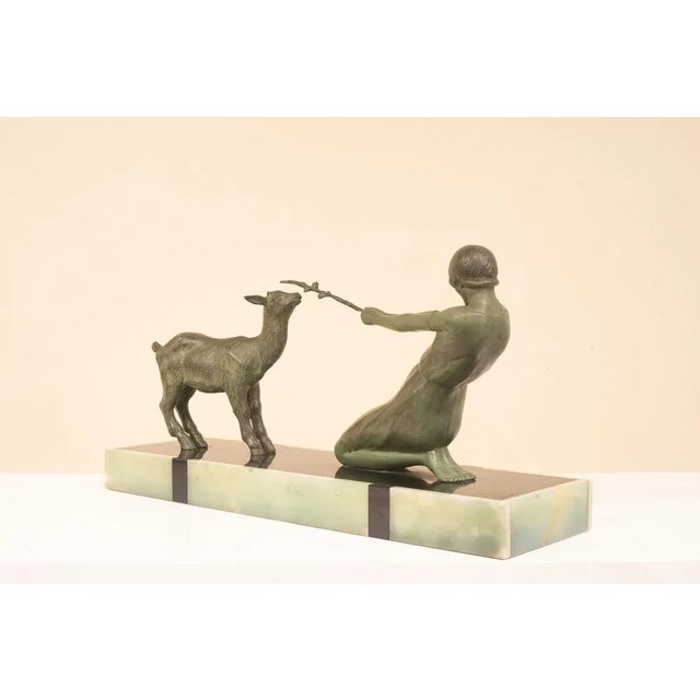 Metal Janle, Art Deco Sculpture, Youth with Goat, France, 1930, Metal on Marble Base For Sale - Image 7 of 8
