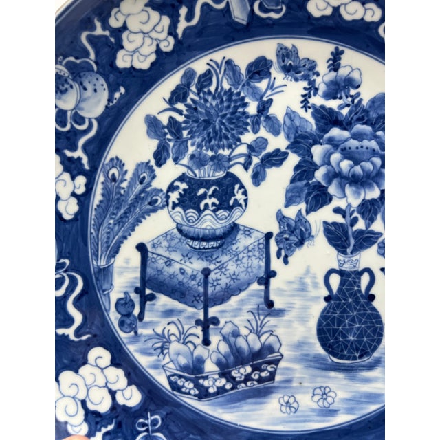 American Vintage Chinese Porcelain Blue Decorated Charger With a Brass Rim, Circa 1930's For Sale - Image 3 of 11