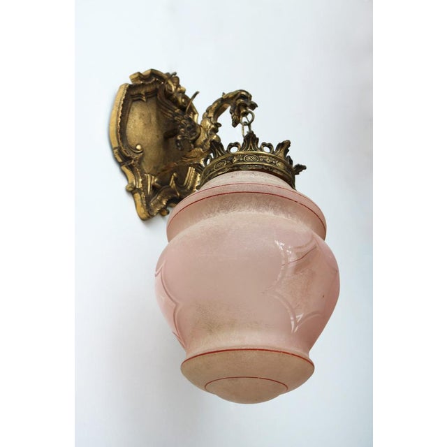 Antique Gothic Revival Bronze Dragon or Griffin Wall Sconce with Pink Glass Shade, Early 20th Century For Sale - Image 6 of 16