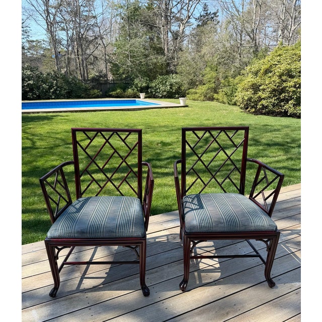 Air of Baker Chinoiserie Lacquered Lounge Chairs With Geometric Lattice Backs & Upholstered Seats For Sale - Image 18 of 18