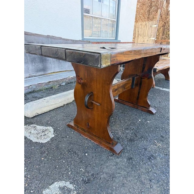 Vintage Farmhouse Rustic Style Liberty Ship Hatch Cover Trestle Base Dining Table For Sale - Image 10 of 17
