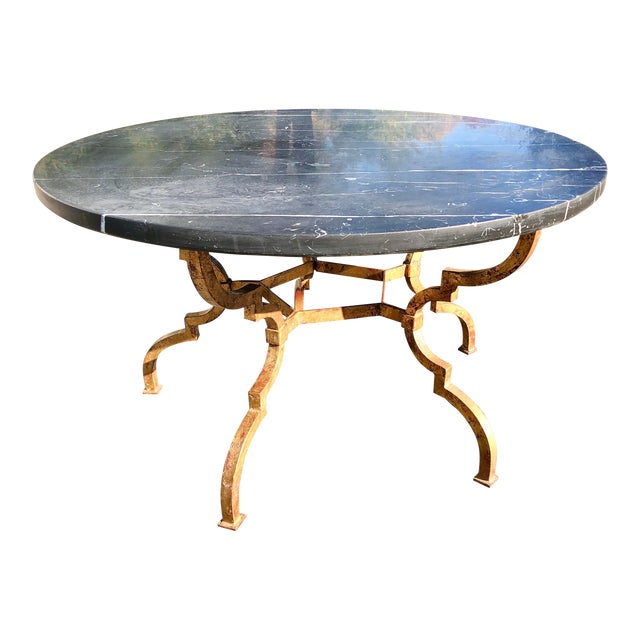 1960s Vintage French Hollywood Regency Gilt Wrought Iron Marble Top Coffee Table
