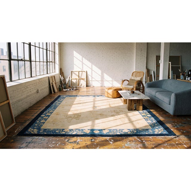 Beige Gorgeous Beige Open Field With Blue Floral Border Antique Chinese Peking Rug For Sale - Image 8 of 8