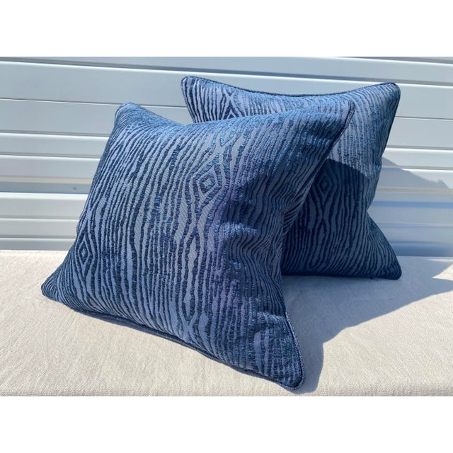 Contemporary Royal Blue Faux Bois Chenille Pillows- a Pair. For Sale - Image 9 of 10