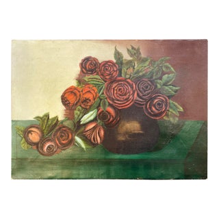 Early 1900s Oil on Canvas Still Life of Roses - Unsigned For Sale