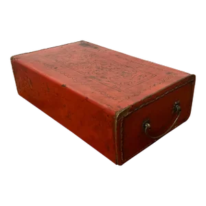 Antique 19th Century Chinese Red Lacquer Pigskin Pillow Box With Brass Handle