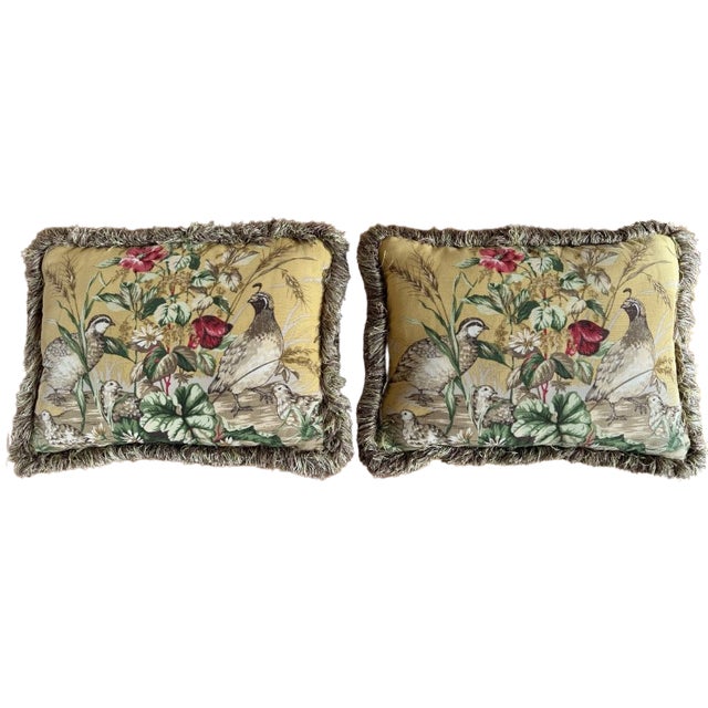 A Pair of Custom Scalamandre Botanical Pillows in Honey Mustard and Chocolate Brown For Sale - Image 10 of 11