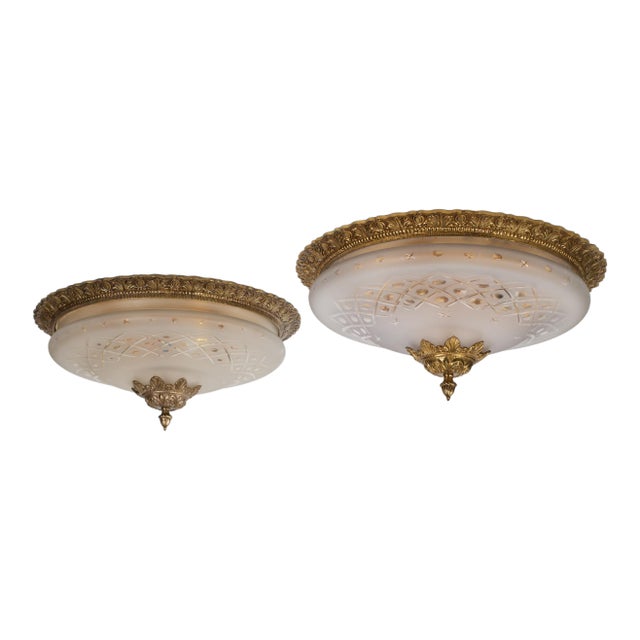 1950s Brass & Glass Flush Mount Fixture - A Pair For Sale